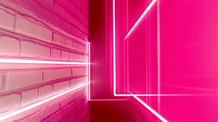 Futuristic neon corridor with glowing pink lines on white bricks. Modern abstract tunnel concept with strong geometric perspective and vibrant copy space on the right.