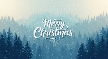 "Merry Christmas" text overlayed on a winter forest landscape with snow falling and evergreen trees.