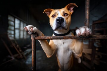Pitbull dog standing behind rusty cage bars, looking at camera and waiting for adoption in animal shelter