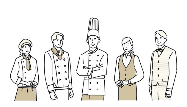 レストランのコック、シェフ，パティシエ、ウェイターウェイトレスのユニフォームー服装ーイラスト素材