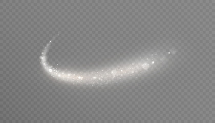A white, translucent, curved light trail with sparkles and a soft glow on a transparent background. A vibrant, arcing swirl with glitter dust for overlays, titles, and abstract designs. © Valeriia