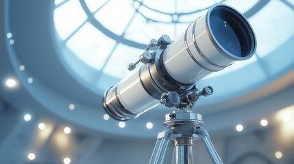 Modern telescope on tripod indoors under skylight dome