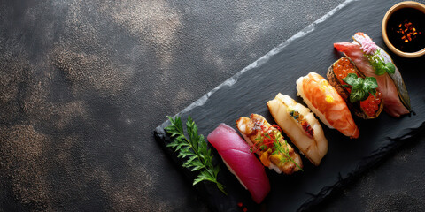 Fresh omakase sushi nigiri assortment plated on dark slate with soy dipping sauce and herb garnish, elegant top down food composition