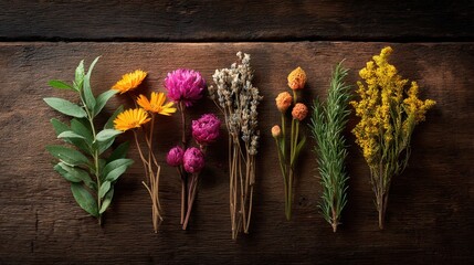 Flat Lay Photograph of Various Dried Flowers on Rustic Wooden Surface for Creative Projects
