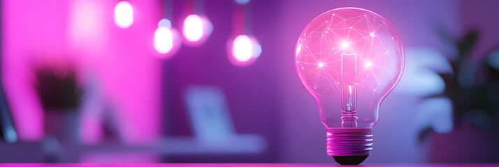 Glowing Light Bulb with Network Connections, Neon Purple Background