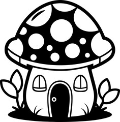 Kawaii mushroom house, fantasy cute coloring book page  silhouette vector icon , black and white