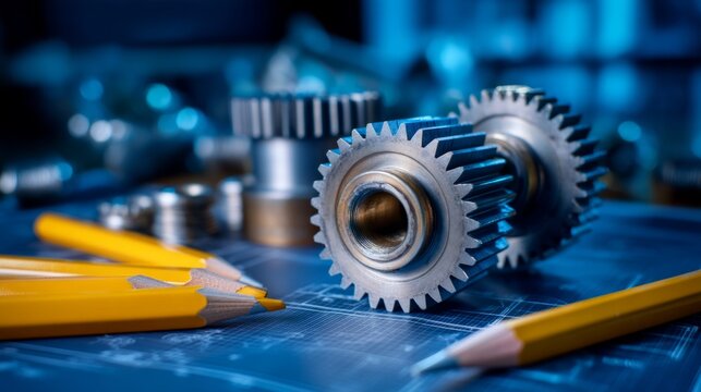 Engineering concept with metallic gears, yellow pencils, and technical blueprint, symbolizing innovation and design