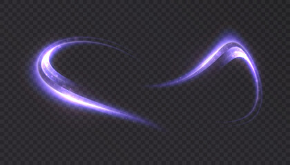 Glowing purple curved light trails on a black background. Bright light effects for highlighting and light overlays. © Valeriia