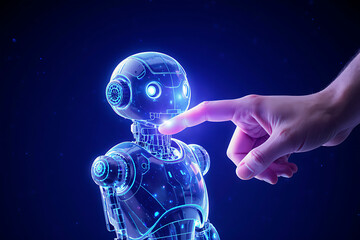 Gentle human finger touches glowing robot face, symbolizing future connection and artificial intelligence