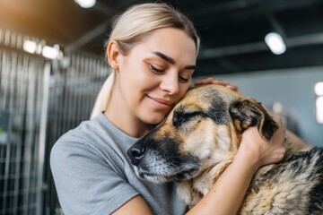 Woman hugging a german shepherd dog, showing care, safety, and love for rescued pet at an animal shelter