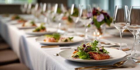 Fototapeta premium Elegant fine dining table with plated gourmet fish and salad, soft candlelight and glassware creating warm inviting atmosphere