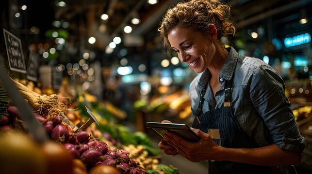 Grocery store owner using tablet while checking fresh produce display under warm market lights, perfect for small business ads, website banners