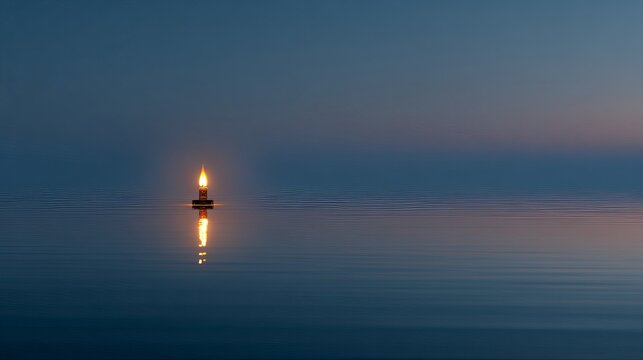 Single lit candle floating on calm water at dusk casting beautiful reflection creating serene atmosphere for meditation or hope - Powered by Adobe