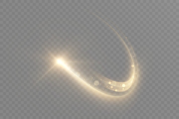 Golden magical comet light effect with lots of sparkling bokeh and twinkling light effects. Magical golden trail for web design and fairy tale decor. Vector
