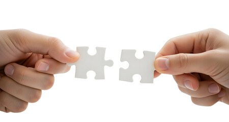 Hands Connecting Two White Jigsaw Puzzle Pieces