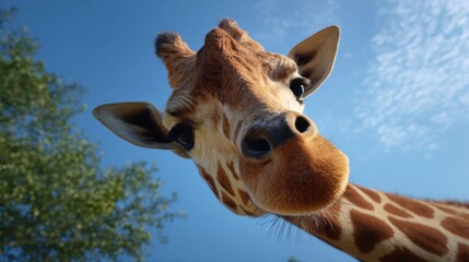 Close-Up of a Giraffe Head with Frontal View Against a Clear Blue Sky