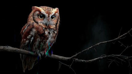 Majestic brown owl perching on a dark branch
