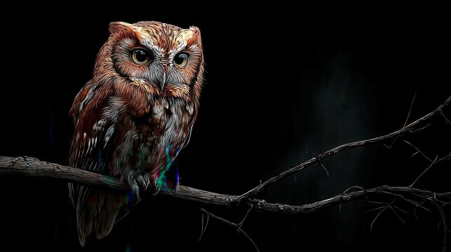 Majestic brown owl perching on a dark branch