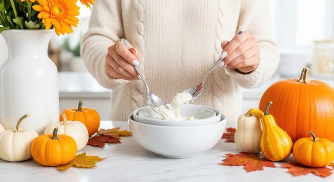 Pumpkin Season: A person creates culinary masterpieces with spoons at the table with pumpkins