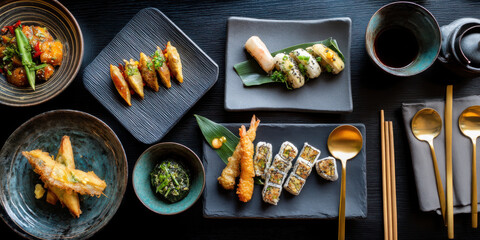 Elegant Asian fine dining sushi and tempura platter with assorted rolls, nigiri, prawns and side dishes, moody tabletop presentation conveying