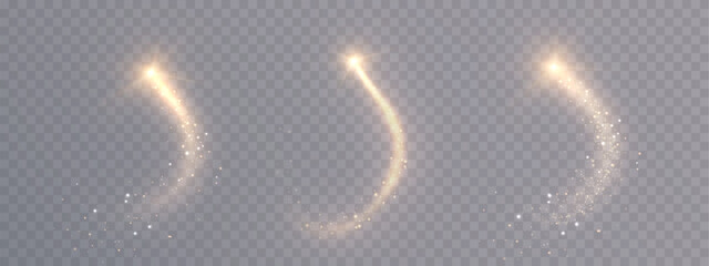A golden magical comet effect with multiple sparkling bokeh and shimmering light effects. A magical golden wind for web design and fairy tales. Vector.  © Valeriia