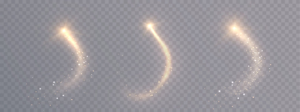 A golden magical comet effect with multiple sparkling bokeh and shimmering light effects. A magical golden wind for web design and fairy tales. Vector.	
