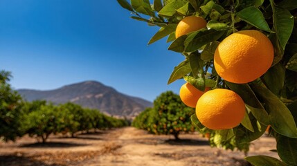 High Angle Wide Shot of Vibrant Citrus Grove with Ripe Oranges Under Clear Blue Sky