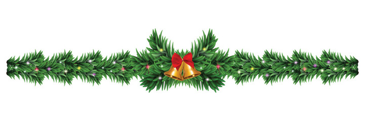 Christmas tree decorations with bells and red ribbons. Realistic pine branches with sparkling and shining Christmas lights. Vector illustration.