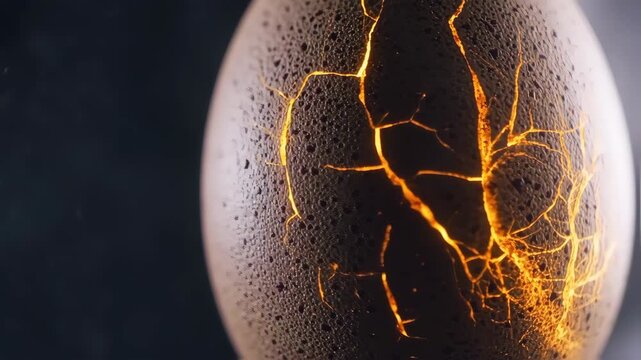 A cracked egg shell, illuminated with glowing, fiery lines