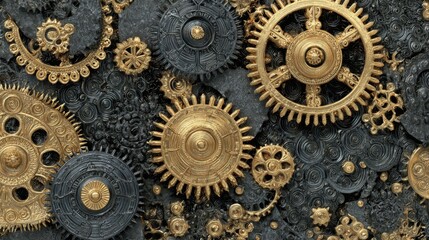 Golden and dark intricate gears cogs mechanical pattern
