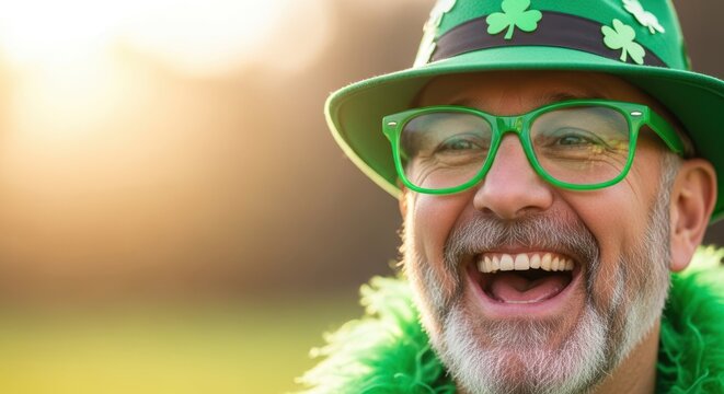 Lucky Celebration: A cheerful individual is dressed in festive attire including a leprechaun hat, vibrant glasses, and a boa, sharing a bright smile, symbolizing joy and festivity.