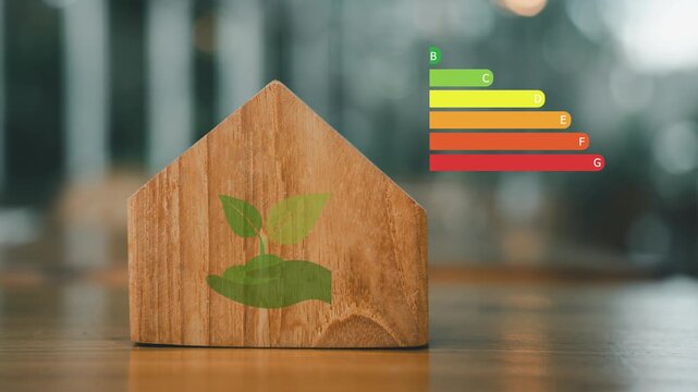 animated video of house with energy efficiency scale on blurred background, house energy efficiency, eco home renovation save cost. Low consumption ecological house concept, 4K animation
