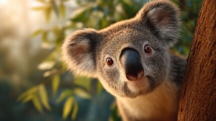 Close-Up of a Koala with Large Nose and Fuzzy Ears Surrounded by Lush Greenery in Nature