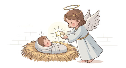 Sweet angel offers glowing star to adorable baby Jesus nestled in straw manger, a tender nativity scene