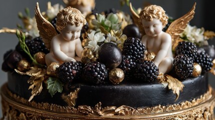 Opulent Black Cake Golden Cherubs Fresh Blackberries Luxury