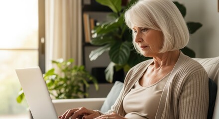 Senior's Digital Journey: An elegant senior woman with gentle determination, immersed in the digital world, skillfully navigating a laptop with the soft glow of a homey environment.