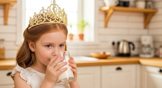A Regal Sip: A young princess with flowing red hair wearing a golden crown sips a refreshing glass of milk, a delightful moment of innocence and purity. - Powered by Adobe