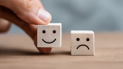 Fototapeta premium happy face cube, unhappy face cube, concept: World Mental Health Day, Feedback rating, Customer service review