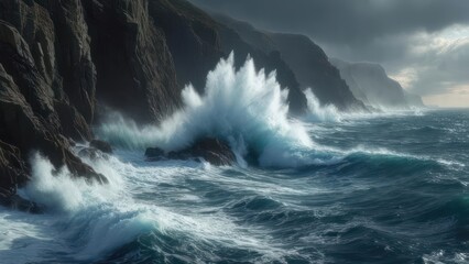 Powerful waves crashing against dramatic cliffs