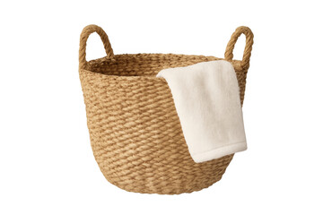 Fototapeta premium Woven jute basket with white towel, transparent background