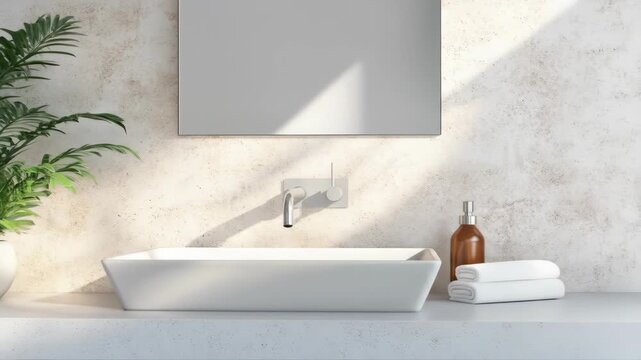 Modern bathroom vanity with white sink mirror plant and towels bathtub interior design elements natural light relaxation area