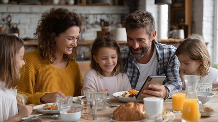 Smiling family enjoying breakfast together while looking at smartphone at cozy kitchen table, perfect for lifestyle blogs, family content