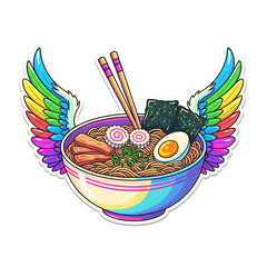 A bowl of ramen with rainbow wings and chopsticks.