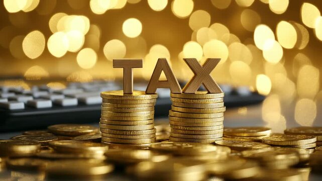 Golden TAX letters standing behind stacks of coins on reflective surface, symbolizing economy, business finance, and taxation with wealth, profit, and financial growth in bright warm light earnings