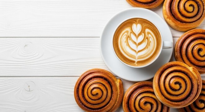 Latte Art and Cinnamon Swirls: An overhead shot showcases a perfect latte adorned with elegant latte art, accompanied by a collection of freshly baked cinnamon rolls. - Powered by Adobe