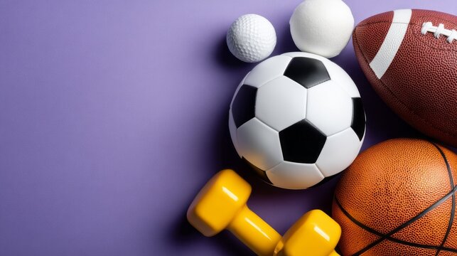 A colorful collection of sports equipment lies on a lilac background, showcasing a soccer ball, basketball, football, golf balls, and dumbbells, inviting fitness and sports enthusiasts to play