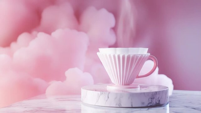 Pink coffee dripper brewing in dreamy clouds