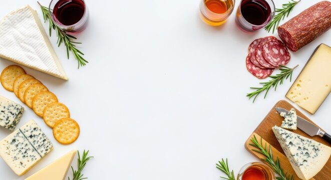 Gourmet Feast: A vibrant overhead shot of gourmet cheese and meat selection, along with glasses of colorful drinks and crackers, making for a delicious combination - Powered by Adobe