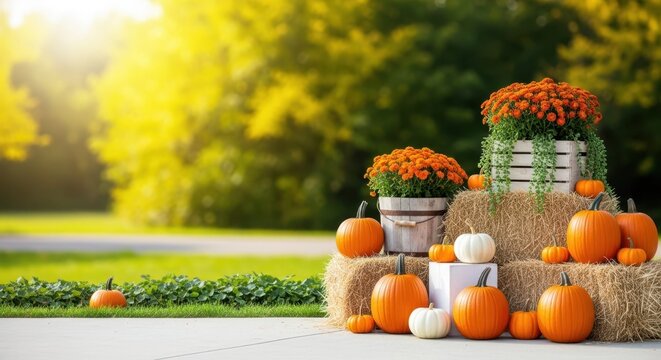 Autumnal Harvest Display: A vibrant collection of pumpkins and orange flowers, meticulously arranged atop hay bales against a backdrop of autumnal foliage and bright sunshine.