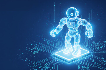Futuristic humanoid robot illuminated on a glowing circuit board, symbolizing AI and technology.